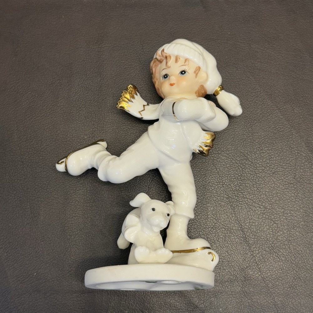 Vintage Ice‎ Skating Boy With Puppy Winter Figurine Home Decor Gold Accents